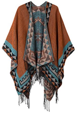 Women's Printed Tassel Open front Poncho Cape Wrap Shawl