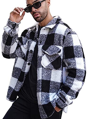 Mens Sherpa Fleece Plaid Jacket Shirt Button up Cozy Plush Shacket Loose Fit Outwear Coat