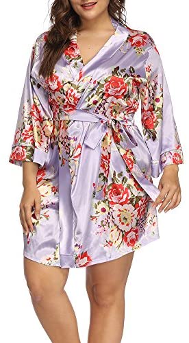 Plus Size Robes for Women Wrap Floral Print Satin Sleep Lounge Kimono Robe