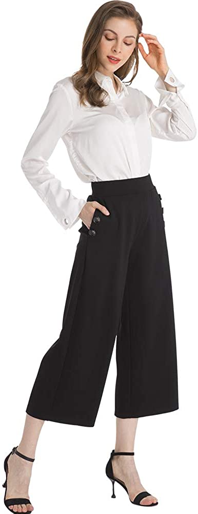 Ginasy Black Wide Leg Pants for Women Business Casual Dress Pants Stretch High Waist Crop Capris Culotte