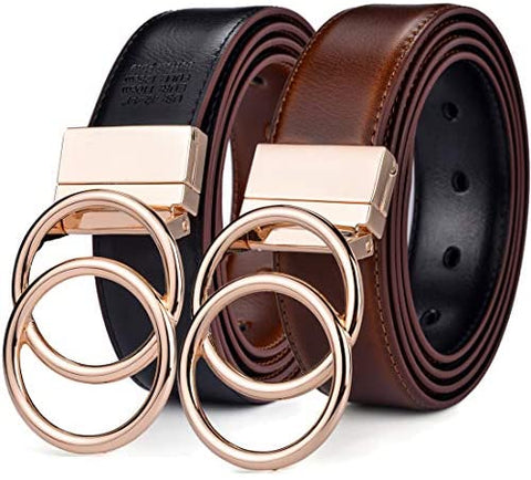 Beltox Women Belt Leather 1.3” Reversible 2 in 1 Rotated 2 Rings Gold Buckle