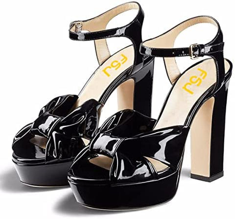 FSJ Women Platform Chunky High Heels Dress Sandalsl Ankle Strap Bowtie Peep Toe Heeled Pump Sandals Wedding Party Evening Shoes Size 4-15 US