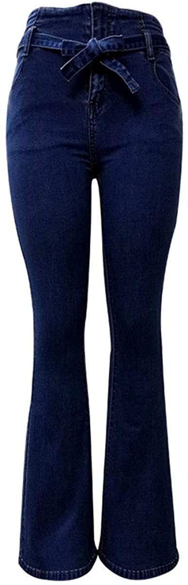 Women's Classic Bell Bottoms Bowknoted High Rise Flared Bottom Fashion Casual Long Denim Pants