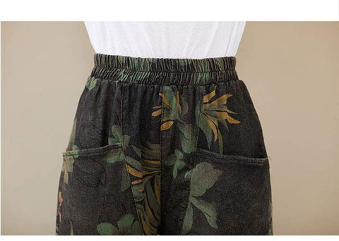 Women's Summer Oversized Retro Floral Printed Washed Literature Harlan Denim Jeans
