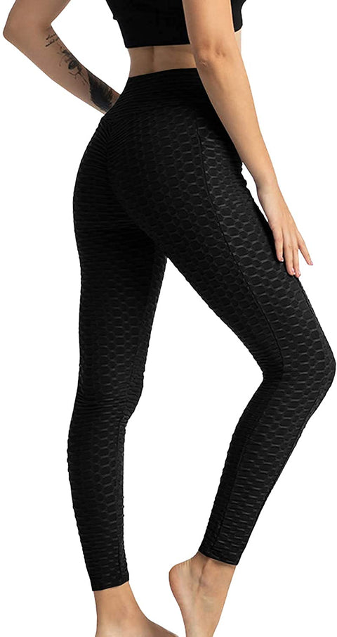 Women's Bubble Hip Butt Lifting High Waist Leggings Honeycomb Textured Tummy Control Yoga Pants Pocket Sport Tights