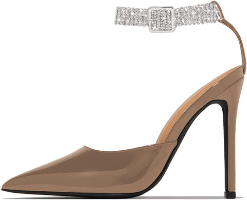 FSJ Women Sexy Pointed Toe D'Orsay Stiletto High Heel Pumps Sparkly Rhinestone Ankle Strap Buckled Sandals Prom Party Dress Shoes Size 4-15 US