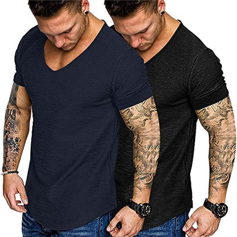 Mens 2 Pack Muscle V Neck T Shirt Fitted Gym Workout Short Sleeve Tee