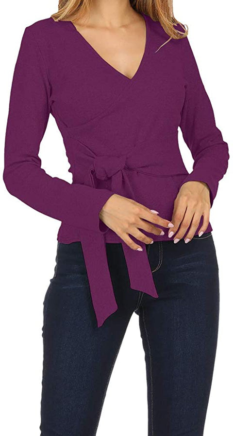 Zumla Women Tops Long Sleeve Casual Fall Sexy Wrap V Neck Blouse for Work Tie Front