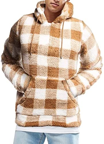 Mens Plaid Flannel Pullover Hoodies Long Sleeves Fuzzy Sherpa Fleece Drawstring Closure Hooded with Kangaroo Pockets