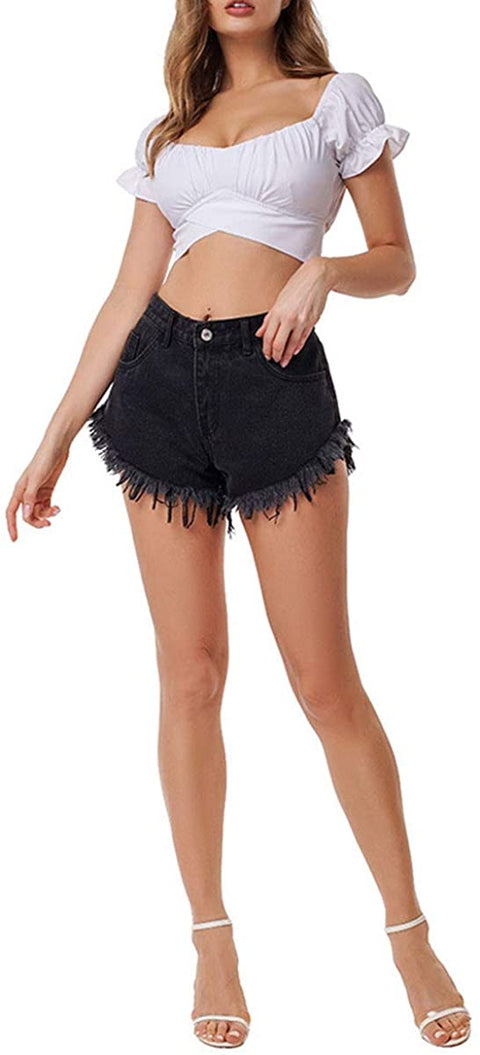 Women's Solid Summer Frayed Hem Casual High Waist Denim Shorts