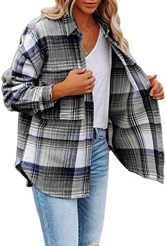 Women's Flannel Plaid Shirts Long Sleeve Lapel Button Down Pocketed Shacket Jacket Coats