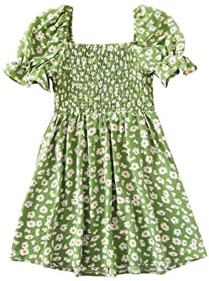 GAMISOTE Girls Floral Dress Puff Sleeve Flowy Smocked A Line Ruffle Summer Sundress