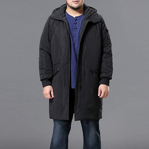 Men's Windproof Handsome Thicken Cotton Pocket Fashion Hooded Jacket Zipper Winter Long Coat
