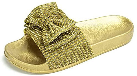 Comfort Flat Sandals for Women Cute Glitter Bow Casual Beach Slip On Dress Shoes Fashion Platform Footbed Slide Slippers Open Toe
