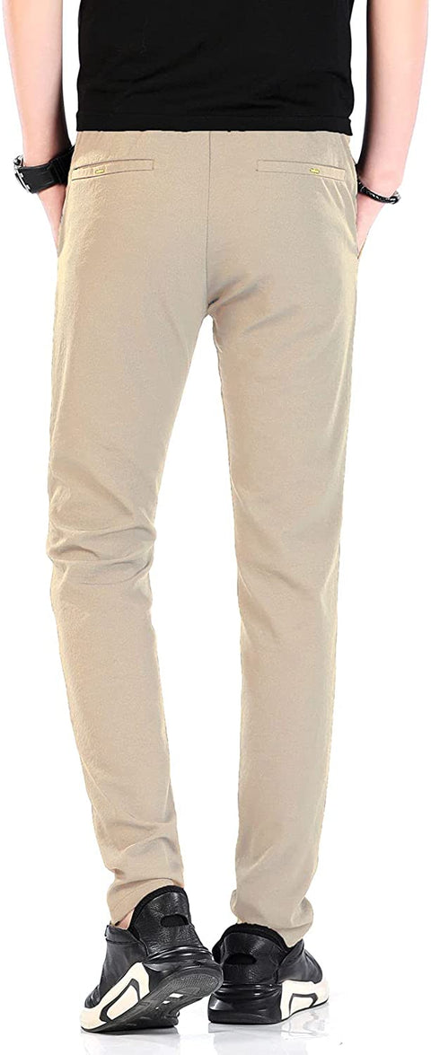 Plaid&Plain Men’s Linen Like Seersucker Pants Slim Fit Beach Pants with Drawstring