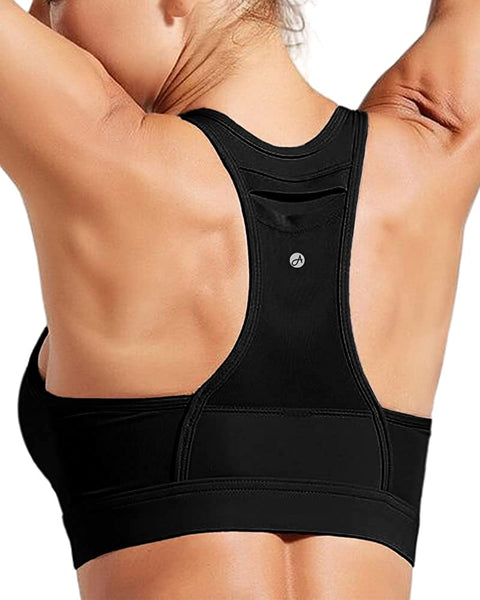 Womens High Impact Sports Bras with Pockets Racerback Crop Tank Tops Athletic Gym Workout Running Bra