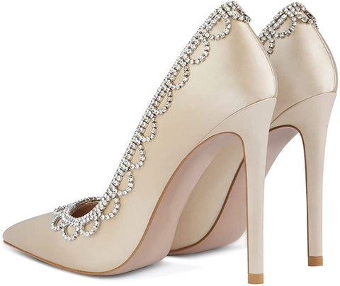 FSJ Women Fashion Rhinestone Chain Pendant Sexy Stilettos High Heels Wedding Pointed Toe Slip On Pump Party Office Dress Shoes Size 4-15 US