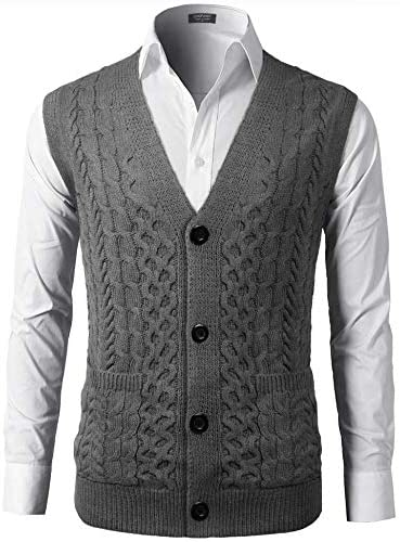 Mens Slim Fit V-Neck Cable Knit Sweater Vest with Front Button