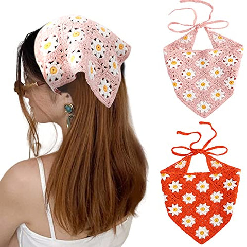 Crochet Bandana Head Kerchief Hair Scarf 2Pcs Knitted Hair Scarves Crochet Hair Kerchief Tie Bcak Headwrap Floral Hair Bandanas for Women Girls Scarf (Daisy(Black+Beige))