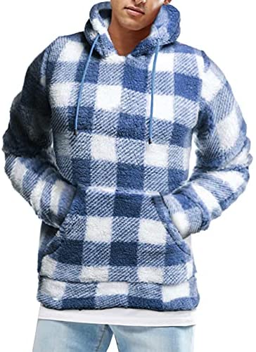 Mens Plaid Flannel Pullover Hoodies Long Sleeves Fuzzy Sherpa Fleece Drawstring Closure Hooded with Kangaroo Pockets