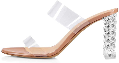 FSJ Women Clear Double Strap Mules Slip On Open Toe Sandals Transparent High Heels Shoes Size 9 Nude