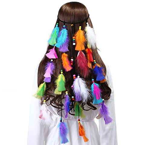 Hippie Headband Feather Dreamcatcher Headdress - AWAYTR Boho Feather Headwear Feather Headpiece Hippie Peacock Feather Festival Hair Band (Brown)