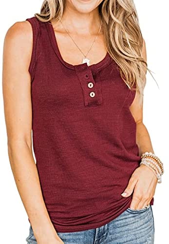 Women Button Henley Tank Top Summer Sleeveless Basic Cami Shirt Slim Knit Ribbed Fitted Blouses Tops