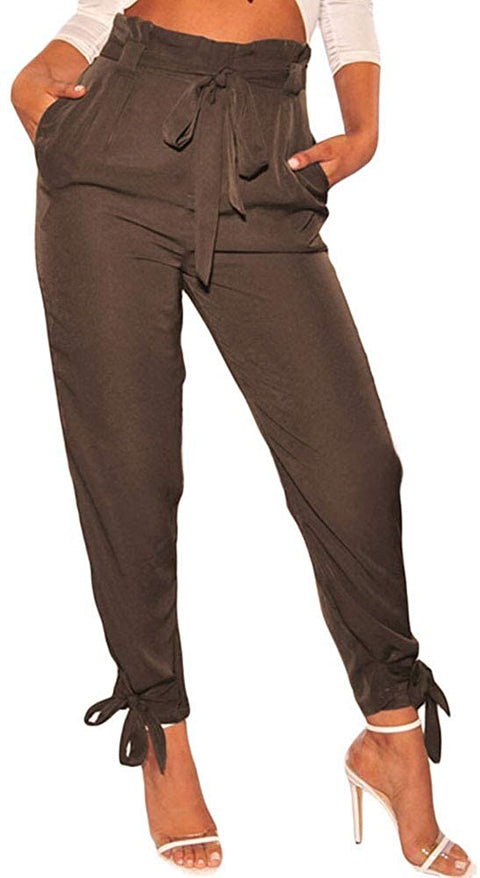 Women's High Waist Belt Wrapped Leg Pants Casual Comfy Slim Trousers