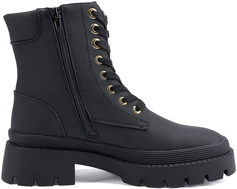 EETTARO Women's Lace Up Ankle Boots Low Heel Military Combat Booties Ladies Mid Calf Work Shoes