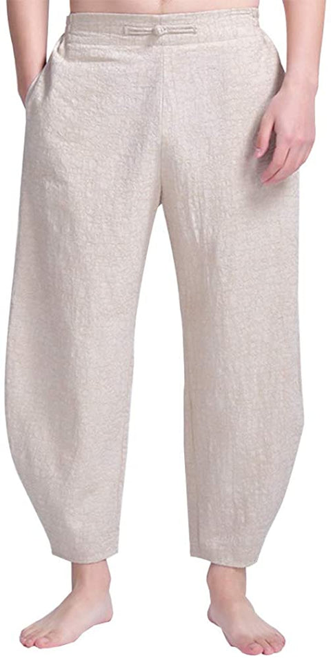 Men's Cotton Linen Elastic Waistband Baggy Pants