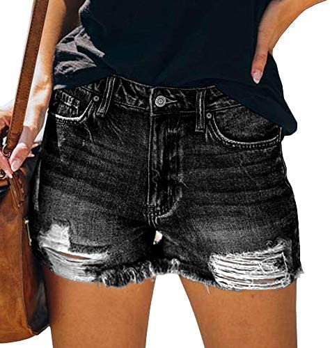 Karlywindow Women's Ripped Jean Shorts Mid Rise Stretchy Frayed Raw Folded Hem Casual Denim Shorts
