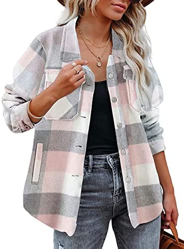 Yousify Womens Button-Down Plaid Jacket Lapel Long Sleeve Shacket Coat Casual Outwear with Pocket