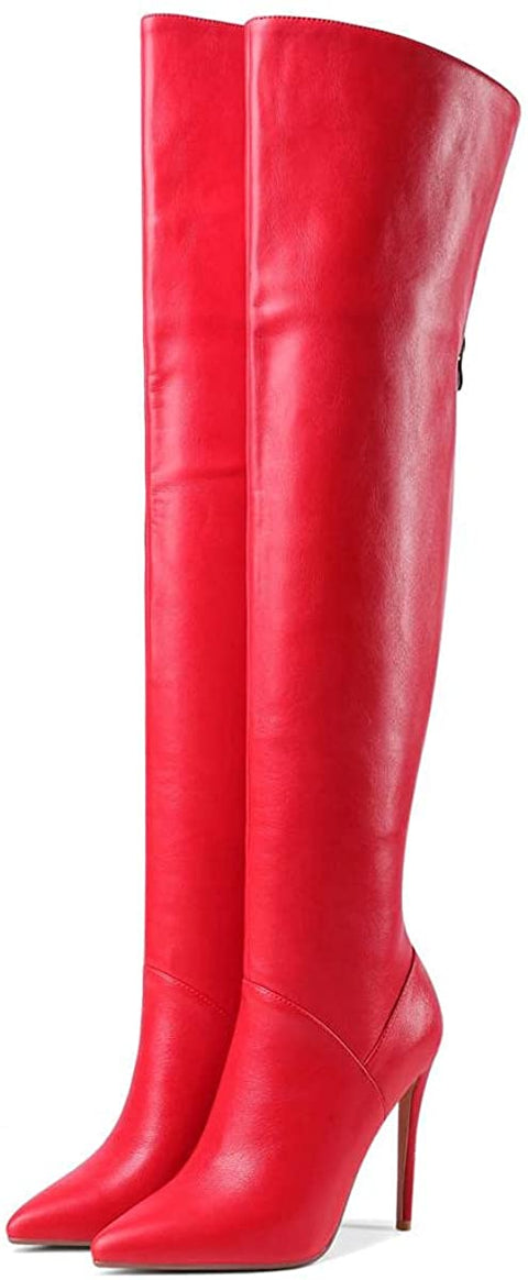 WAYDERNS Women's Thigh Over The Knee Pointed Toe Back Zip Matte Stiletto High Heel Above The Knee Boots 4.5 Inch