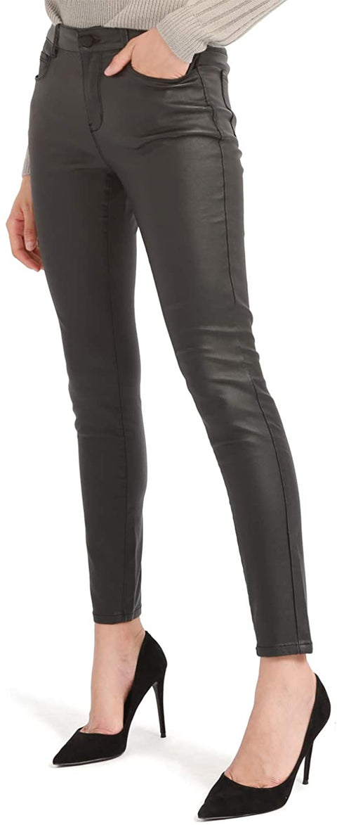 Women's Faux Leather Pants, Skinny Stretch Pants with Pockets, Work Casual Pants for Women