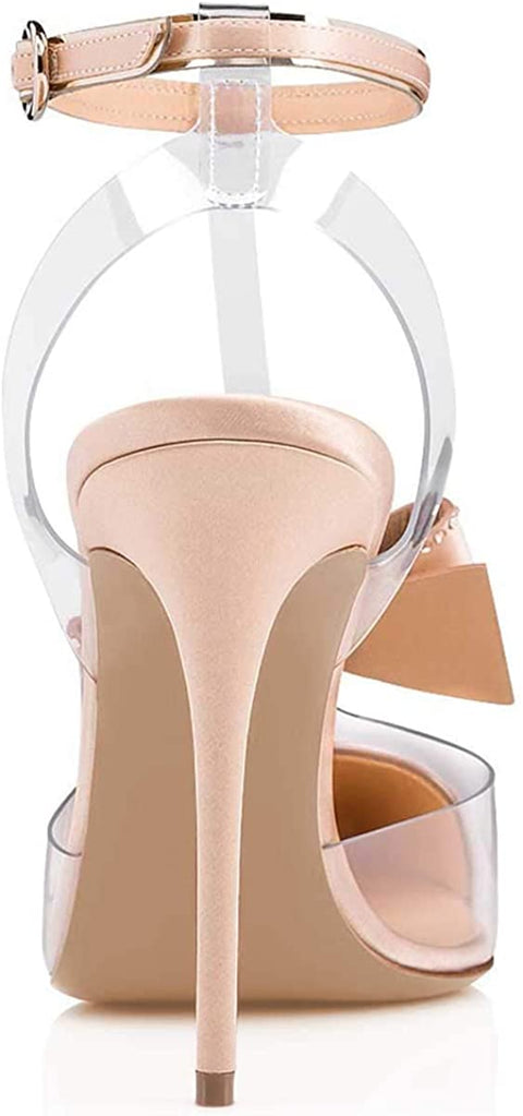 FSJ Women Clear T Strap Pointed Toe Stiletto High Heels Dress Pumps Sandals with Rhinestones Studded Bows Size 4-15 US
