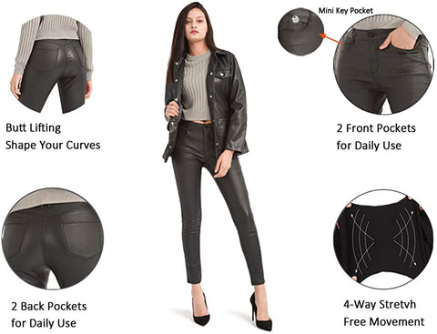 Women's Faux Leather Pants, Skinny Stretch Pants with Pockets, Work Casual Pants for Women
