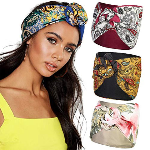 Knotted Wide Turban Head Wrap - 3PCS Floral Knot Wire Hair Band Turban Headwrap for Women Bandanas Boho Adjustable Wide Headband (Cashew)