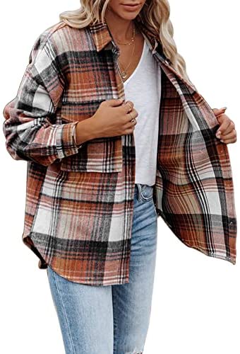 Women's Flannel Plaid Shirts Long Sleeve Lapel Button Down Pocketed Shacket Jacket Coats