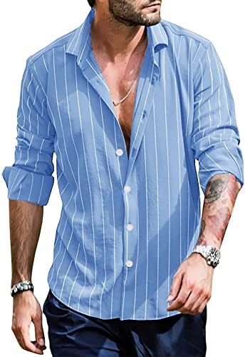 Men's Striped Long Sleeve Shirts Button Down Casual Roll Up Sleeve V Neck Beach T-Shirts Linen Tops