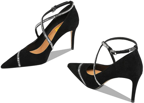 FSJ Women's Pointed Toe High Heels Pumps Crisscross Strappy Crystal Rhinestones Pumps Ladies Ankle Buckle Strap Dress Party Shoes Size 4-15 US