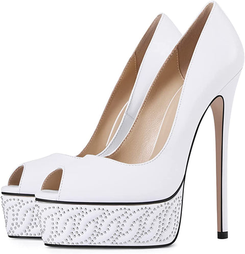 FSJ Women Peep Toe Rhinestones Platform Dress Pumps Sexy High Heels Slip On Heeled Sandals Stiletto Evening Party Shoes Size 4-15 US
