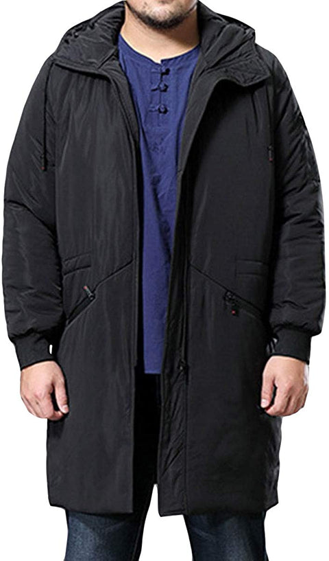 Men's Windproof Handsome Thicken Cotton Pocket Fashion Hooded Jacket Zipper Winter Long Coat