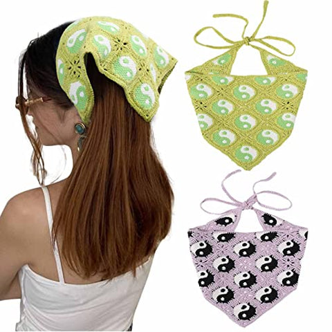 Crochet Bandana Head Kerchief Hair Scarf 2Pcs Knitted Hair Scarves Crochet Hair Kerchief Tie Bcak Headwrap Floral Hair Bandanas for Women Girls Scarf (Daisy(Black+Beige))