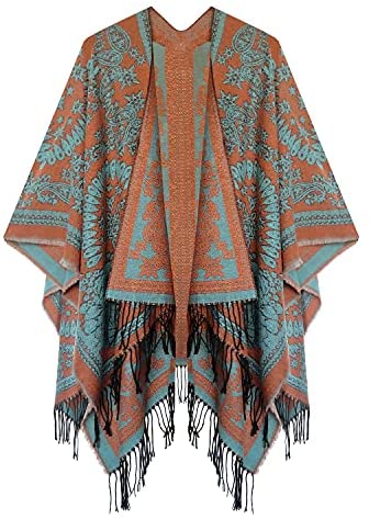 Women's Printed Tassel Open front Poncho Cape Wrap Shawl
