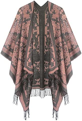 Women's Printed Tassel Open front Poncho Cape Wrap Shawl