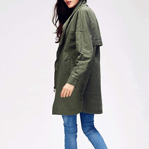 Women's Military Loose Trench Coats Casual Zip Up Long Sleeve Anorak Jacket