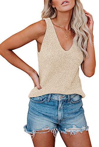 Ruanyu Womens Sexy V Neck Tank Tops Summer Knitted Sleeveless Lightweight Camisole Loose Fit Casual Shirts