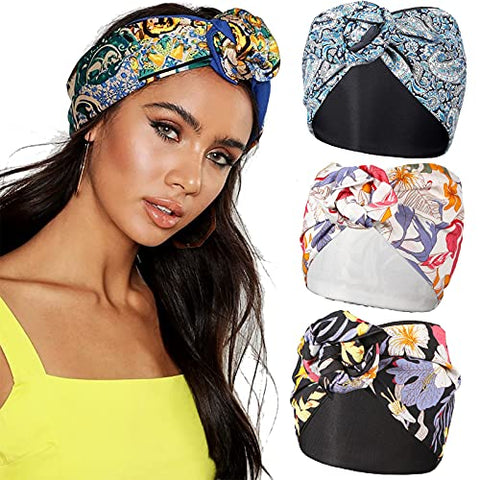 Knotted Wide Turban Head Wrap - 3PCS Floral Knot Wire Hair Band Turban Headwrap for Women Bandanas Boho Adjustable Wide Headband (Cashew)