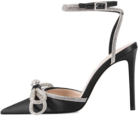 FSJ Women's Pointy Toe Stiletto High Heels Sandals Rhinestones Bowknot Ankle Strap Buckle Heeled Pumps Satin Lace Up Dress Party Shoes Size 4-15 US