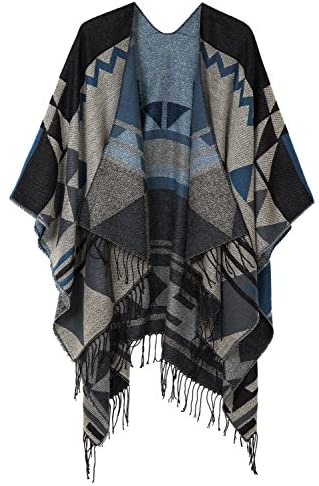 Women's Printed Tassel Open front Poncho Cape Wrap Shawl